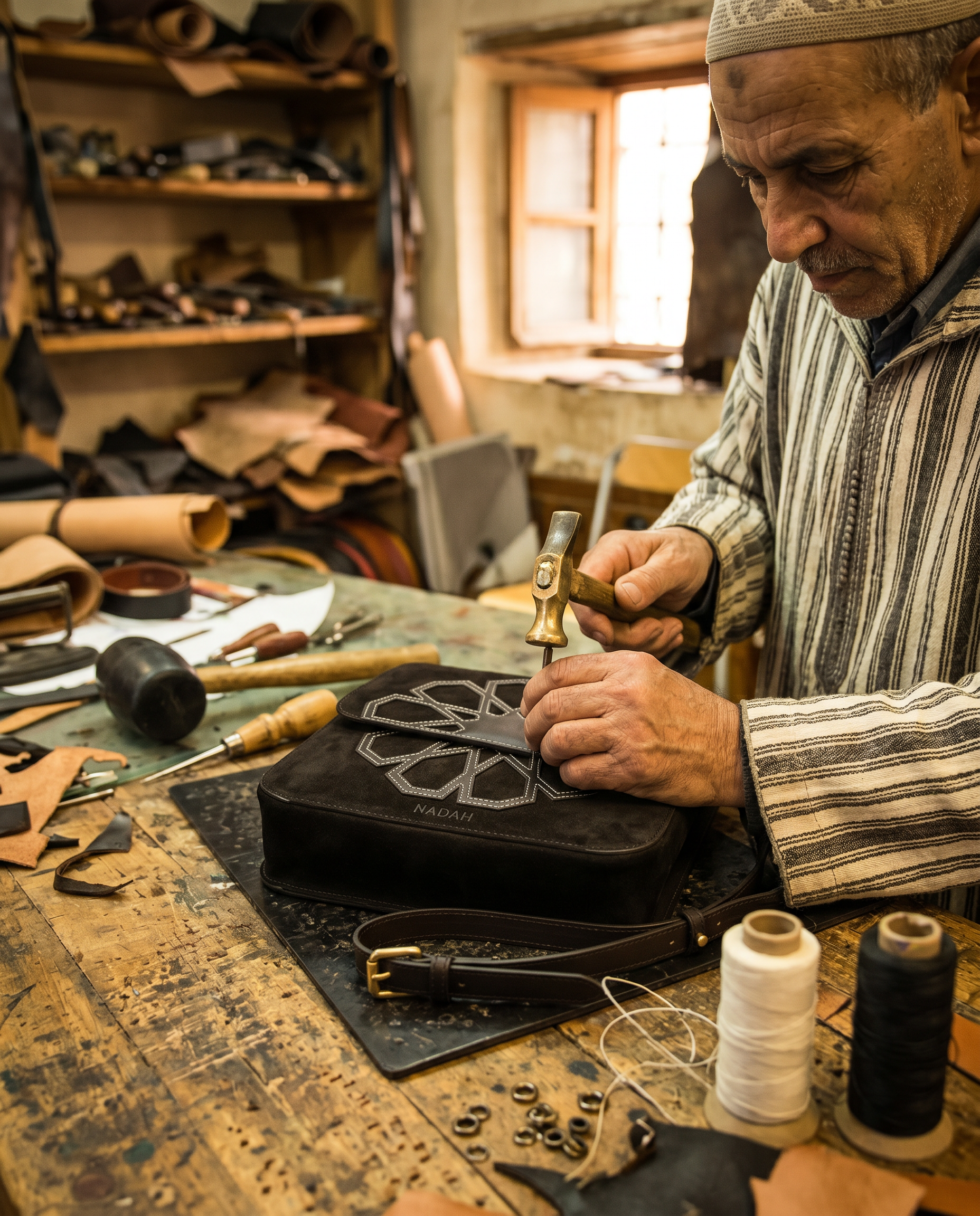Artisan maroquinier de Fès cousant le cuir à la main